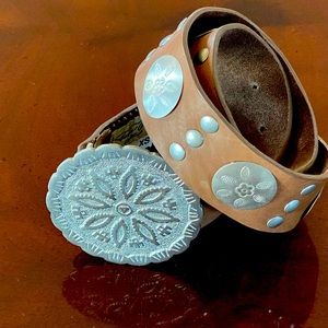 Tasha Polizzi Brown Leather Belt with Silver Medallion Buckle